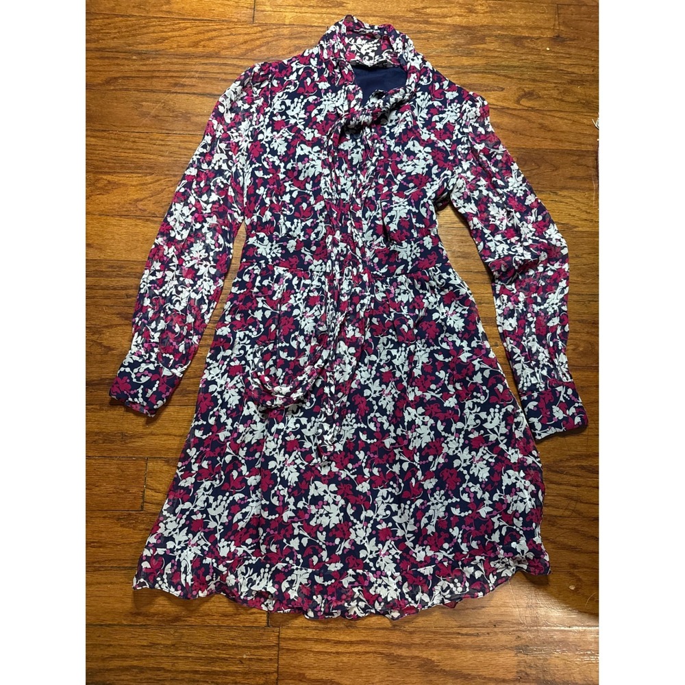 Diane von Furstenberg DVF Floral Silk Tie Neck Mini‎ Dress Navy Magenta White SM